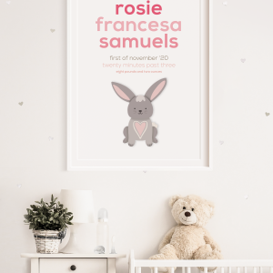 Bunny newborn frame in a frame set in a nursery.